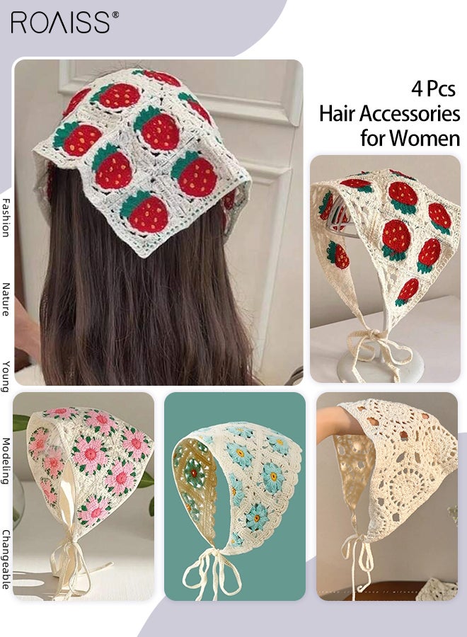 roaiss 4 Pcs Fresh and Sweet Knitted Headscarves, Vintage French Embroidered Headbands, Hand-crocheted Triangle Scarves, Hollow Strap Flower Hair Bands - Image 1