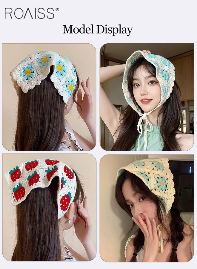 roaiss 4 Pcs Fresh and Sweet Knitted Headscarves, Vintage French Embroidered Headbands, Hand-crocheted Triangle Scarves, Hollow Strap Flower Hair Bands - Image 4