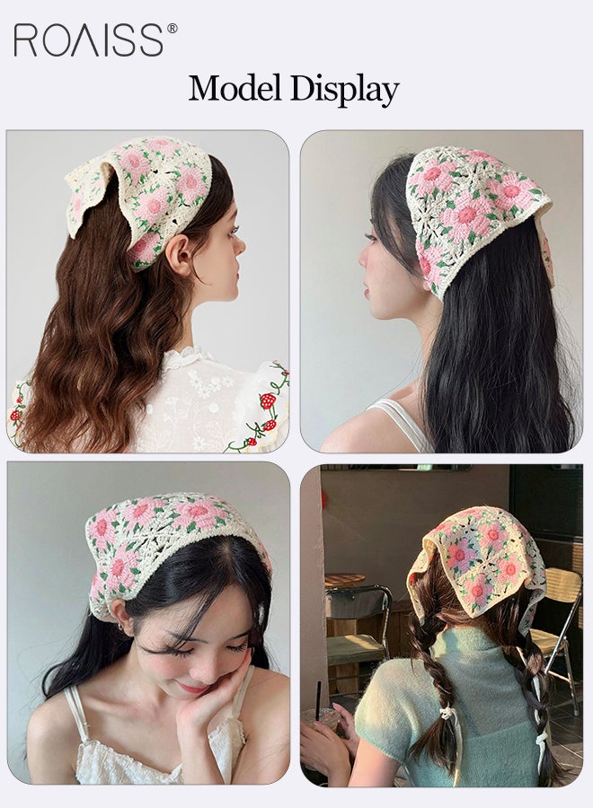 roaiss 4 Pcs Fresh and Sweet Knitted Headscarves, Vintage French Embroidered Headbands, Hand-crocheted Triangle Scarves, Hollow Strap Flower Hair Bands - Image 3