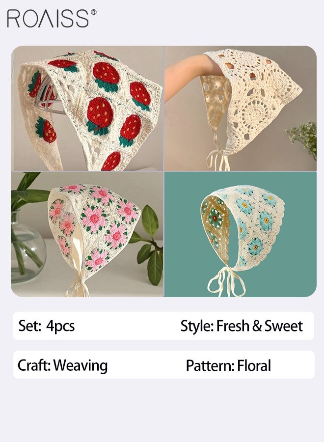 roaiss 4 Pcs Fresh and Sweet Knitted Headscarves, Vintage French Embroidered Headbands, Hand-crocheted Triangle Scarves, Hollow Strap Flower Hair Bands - Image 5