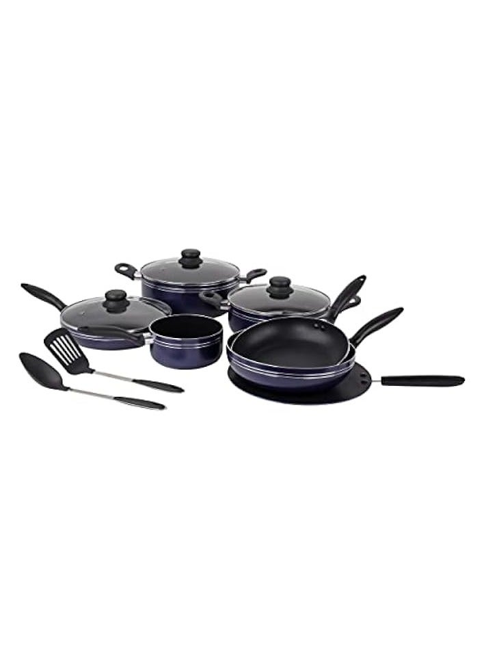 Green Tiger Cookware Set, 12 Pieces, Scratch Resistant, Tempered Glass Lids, 2.5mm Body Thickness, Bakelite Knobs and CD Bottom, Blue, W 60.8 x H 37.0 x D 21.8 cm, Aluminium - Image 1