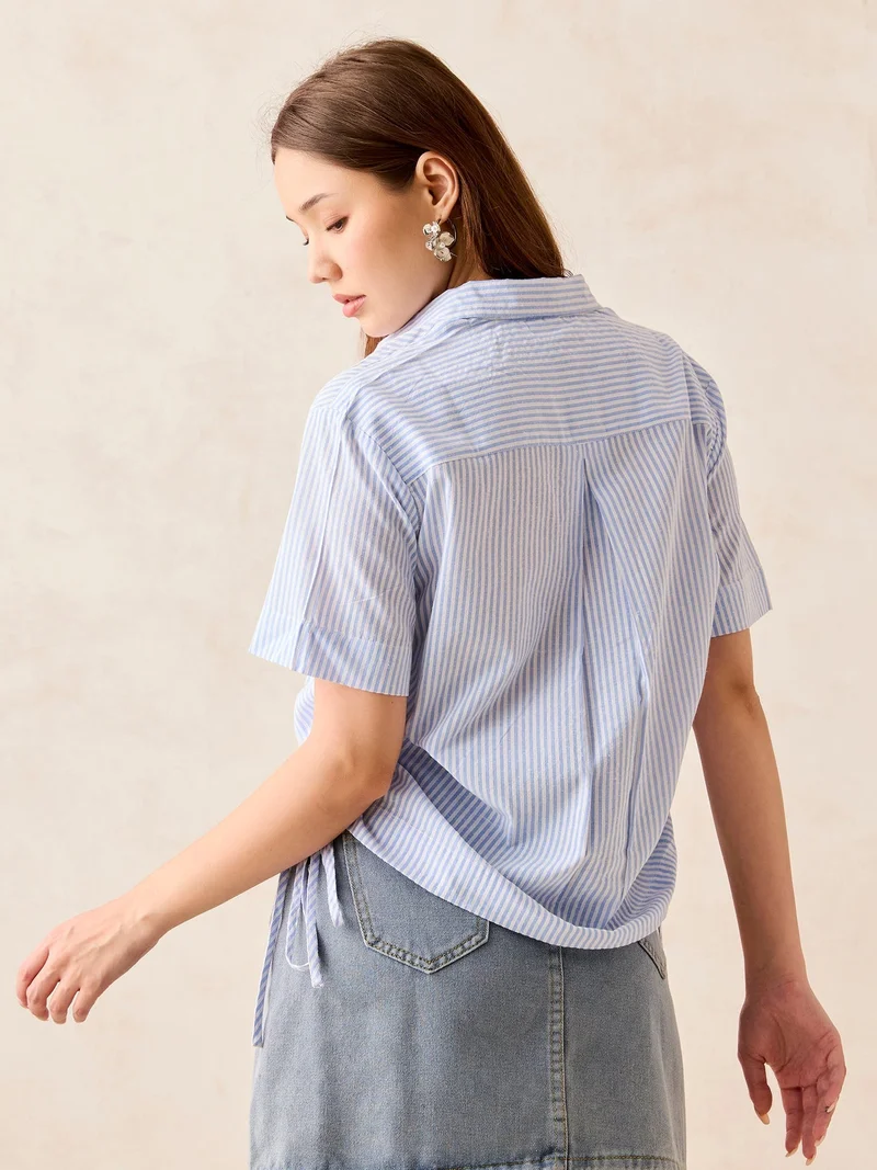 OUTZIDR Blue Boxy Shirt With Side Ruching Detail