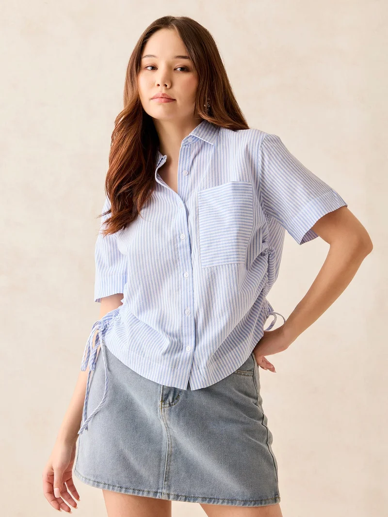 Outzidr Blue Blue Boxy Shirt With Side Ruching Detail for Women | Best Price UAE