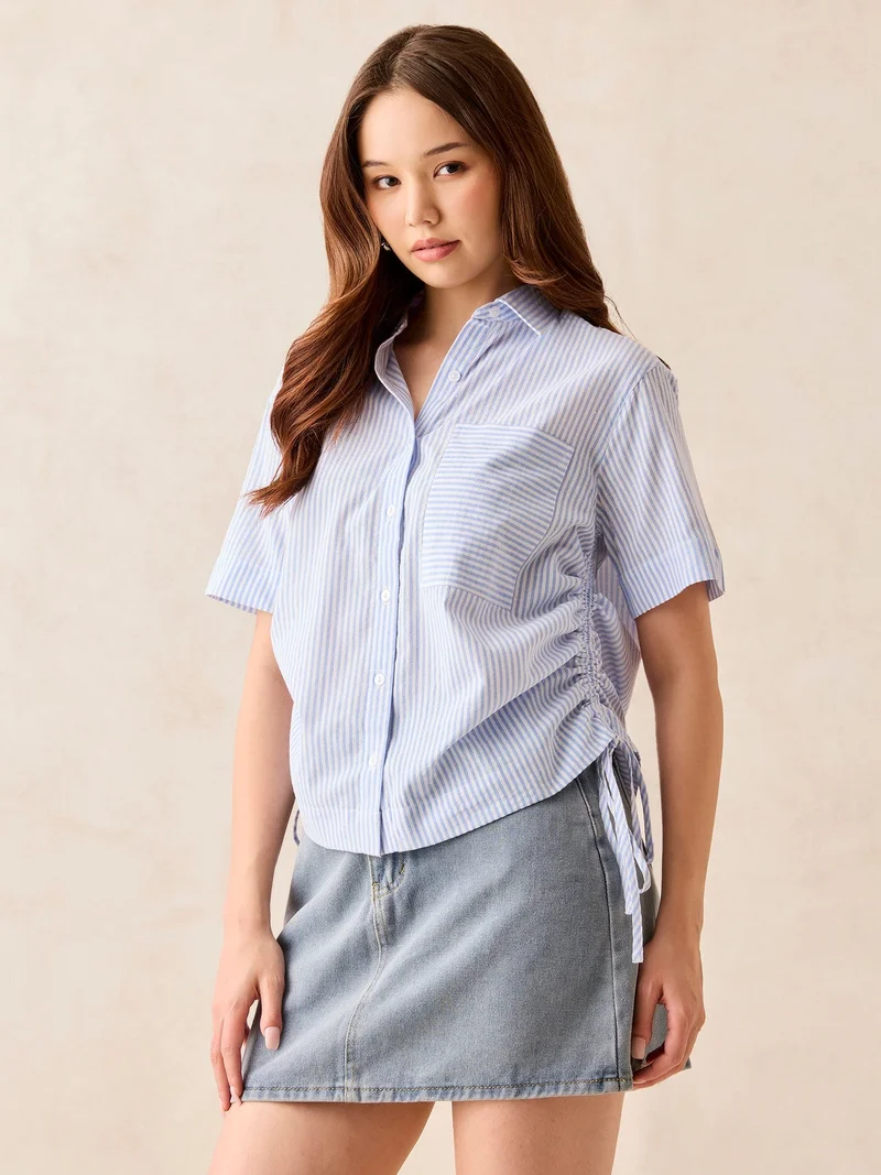 Outzidr Blue Blue Boxy Shirt With Side Ruching Detail for Women | Best Price UAE
