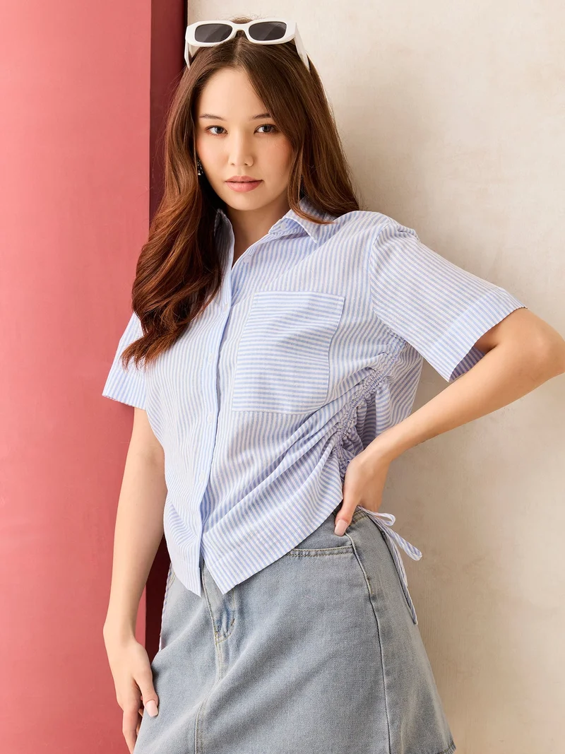 OUTZIDR Blue Boxy Shirt With Side Ruching Detail