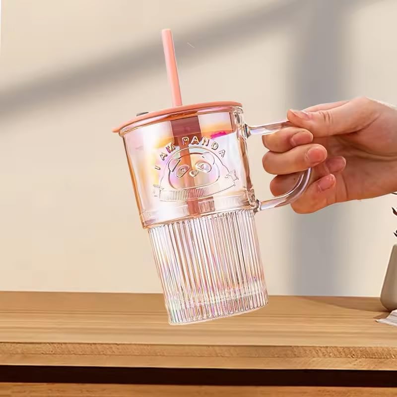 CHIRANSI Glass Tumbler with Lid Handle and Straw Embossed Iced Coffee Cup with Cute Panda Pattern Striped Colored Smoothie Glasses Mug Multicolor Cute Panda Handle Mug - Image 4