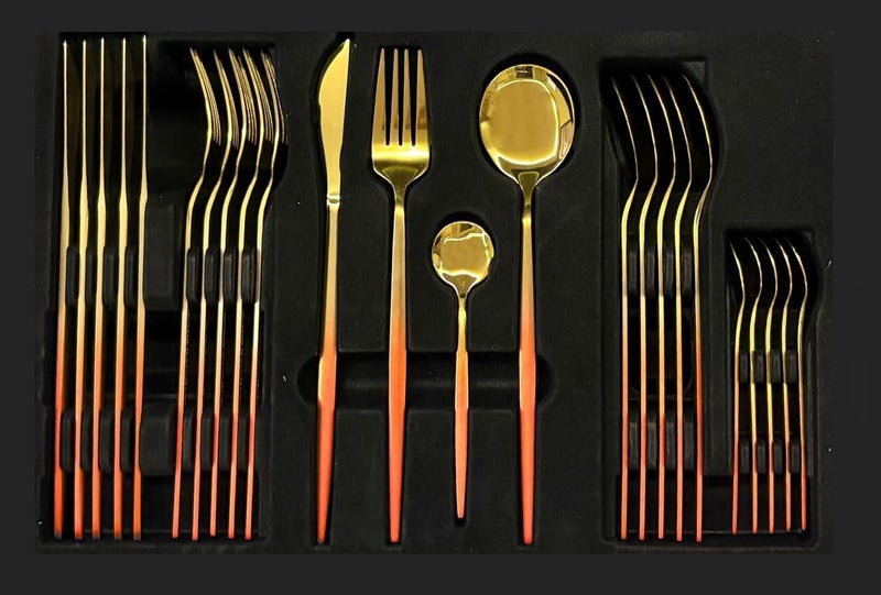 24-Piece Luxury Cutlery Set Stainless Steel Forks Spoons Knives Ergonomic Golden Finish Gift Box Home Dining Tableware (Gold/Red) - Image 5