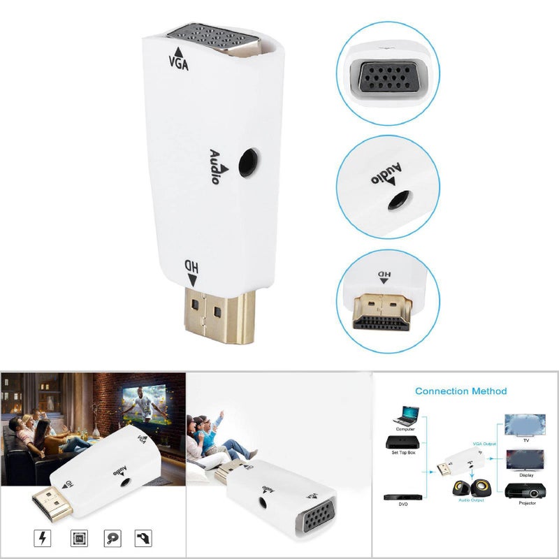محول من أنثى إلى VGA مع كابل صوت 3.5 مم محول عالي الدقة 1080P أبيض - Image 5