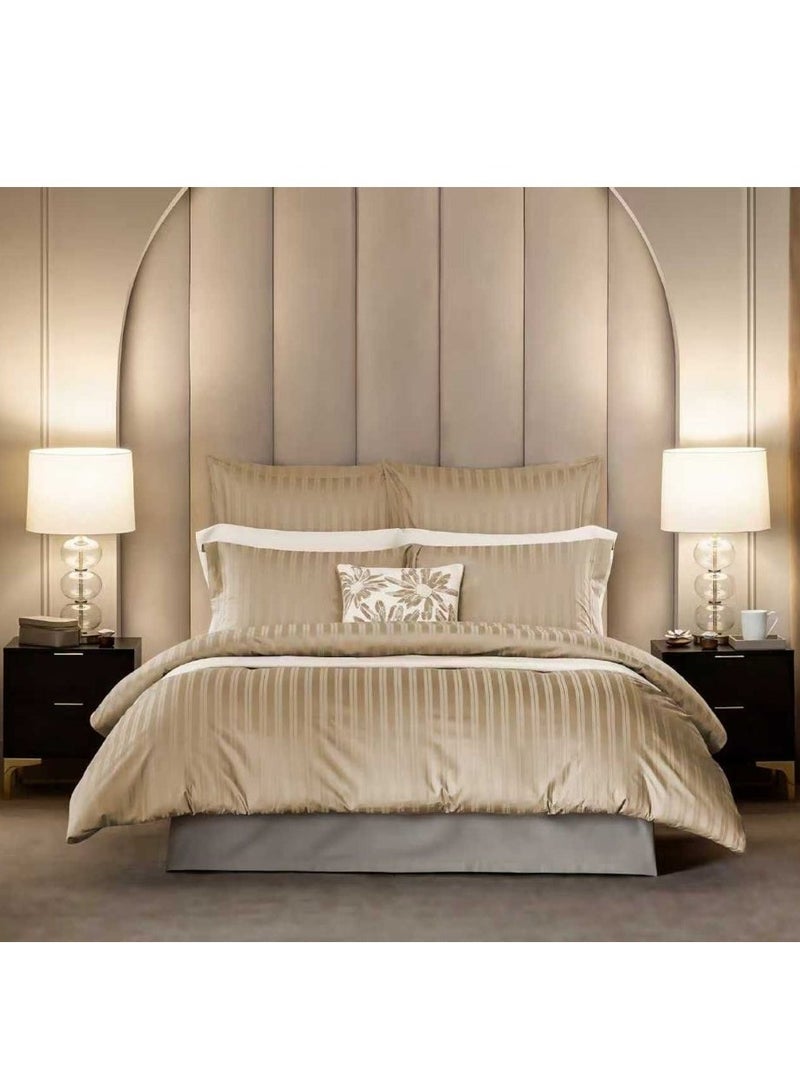 طقم غطاء لحاف قطني فاخر من إم إس مارت، مقاس كينج (6 قطع) - تصميم مخطط مزدوج باللون البيج والذهبي - Image 2