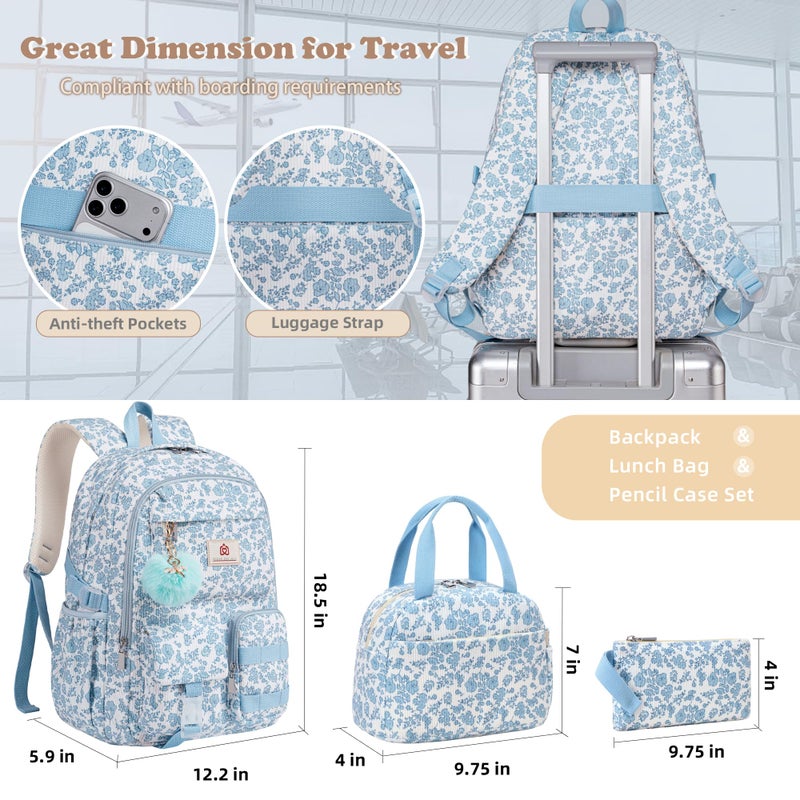 Hidds School Backpack with Lunch Box for Teens Girls Women 15.6 Inch Laptop College Backpacks with Lunch Bag Bookbag Set Corduroy Kids Elementary Middle High Bag Students Back Pack Daypack - Blue Set - Image 3