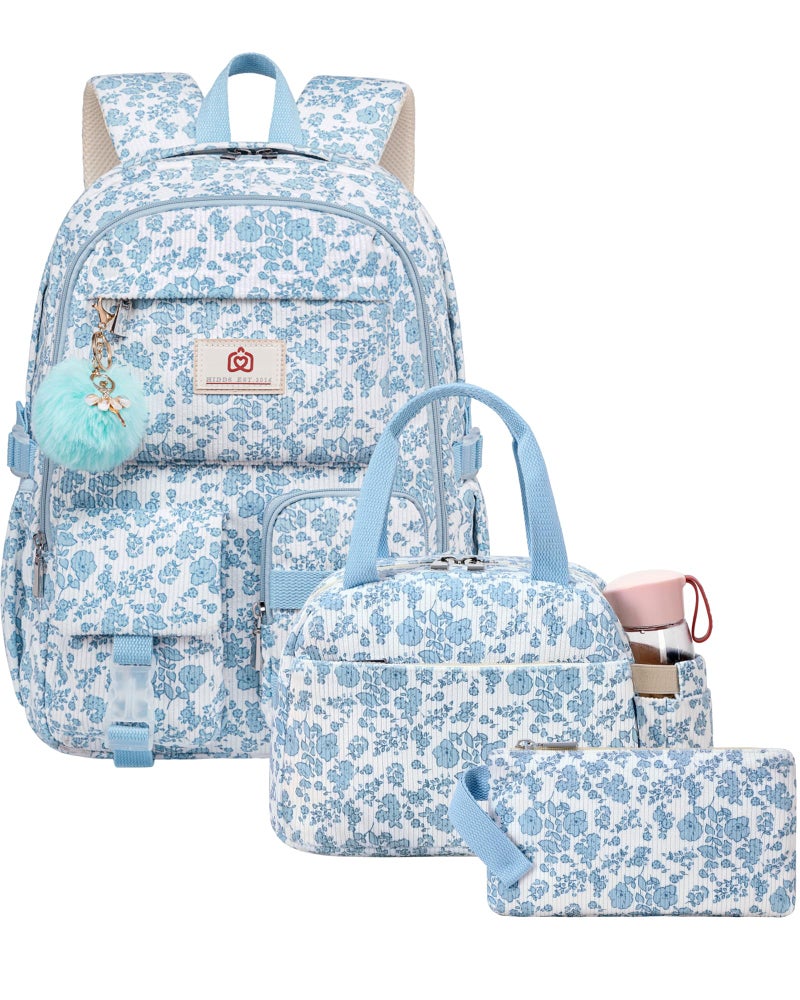 Hidds School Backpack with Lunch Box for Teens Girls Women 15.6 Inch Laptop College Backpacks with Lunch Bag Bookbag Set Corduroy Kids Elementary Middle High Bag Students Back Pack Daypack - Blue Set - Image 1