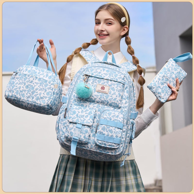 Hidds School Backpack with Lunch Box for Teens Girls Women 15.6 Inch Laptop College Backpacks with Lunch Bag Bookbag Set Corduroy Kids Elementary Middle High Bag Students Back Pack Daypack - Blue Set - Image 2