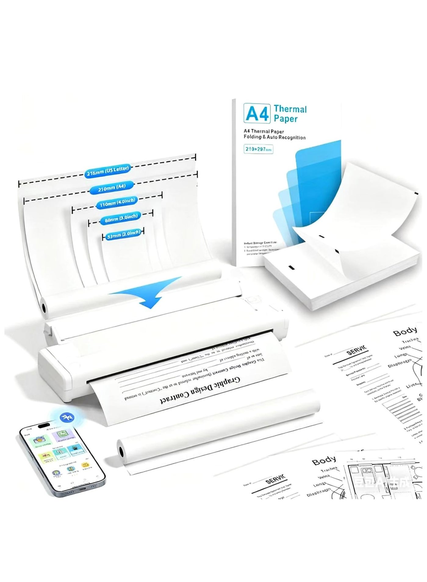 X9 Portable Thermal Printer, High-definition Printer that Supports A4 Thermal Paper, Thermal Paper Roll with Bracket, 200DPI Inkless Mobile Travel Printers for Car School Office, Mini Bluetooth Printer for Connecting Computers, iOS Phones and Android.