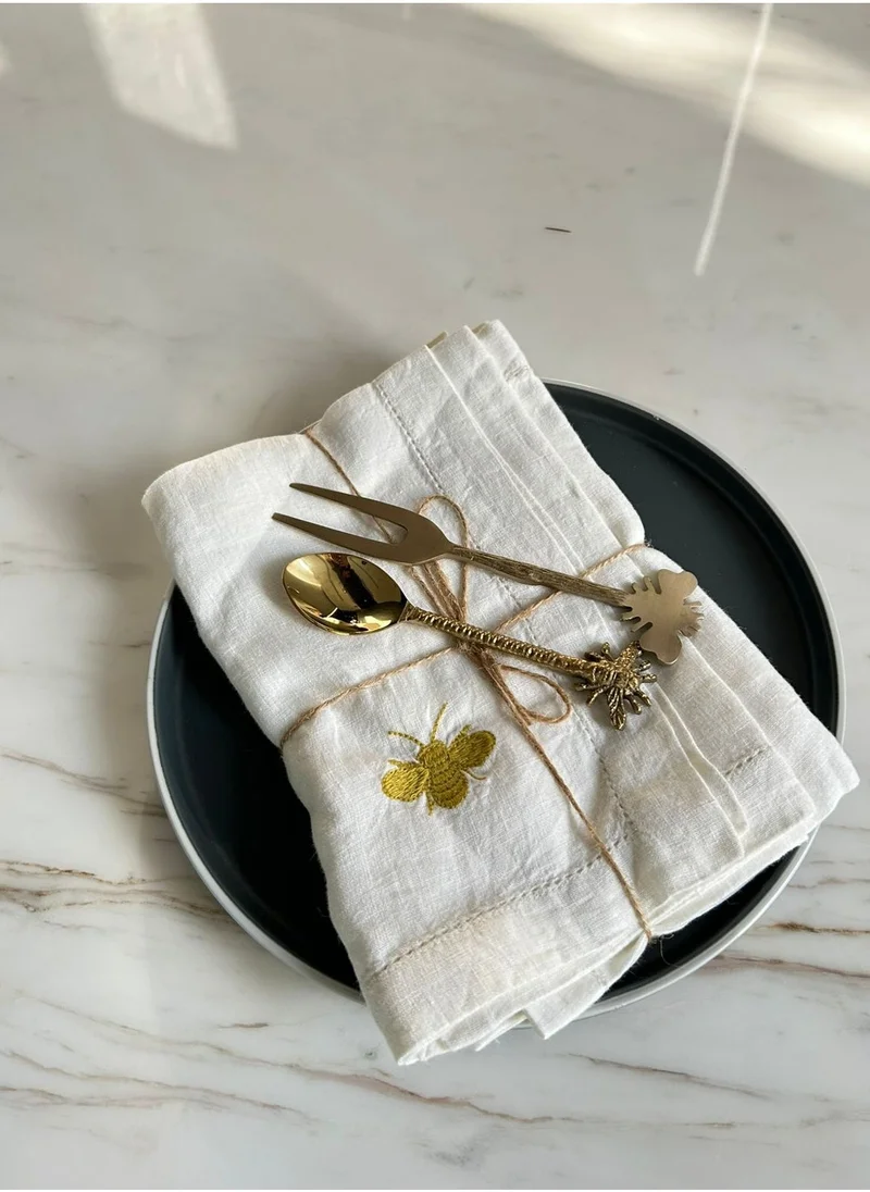 Tohfa Luxe Bee White Hemstitched Linen Napkin - Set of 4
