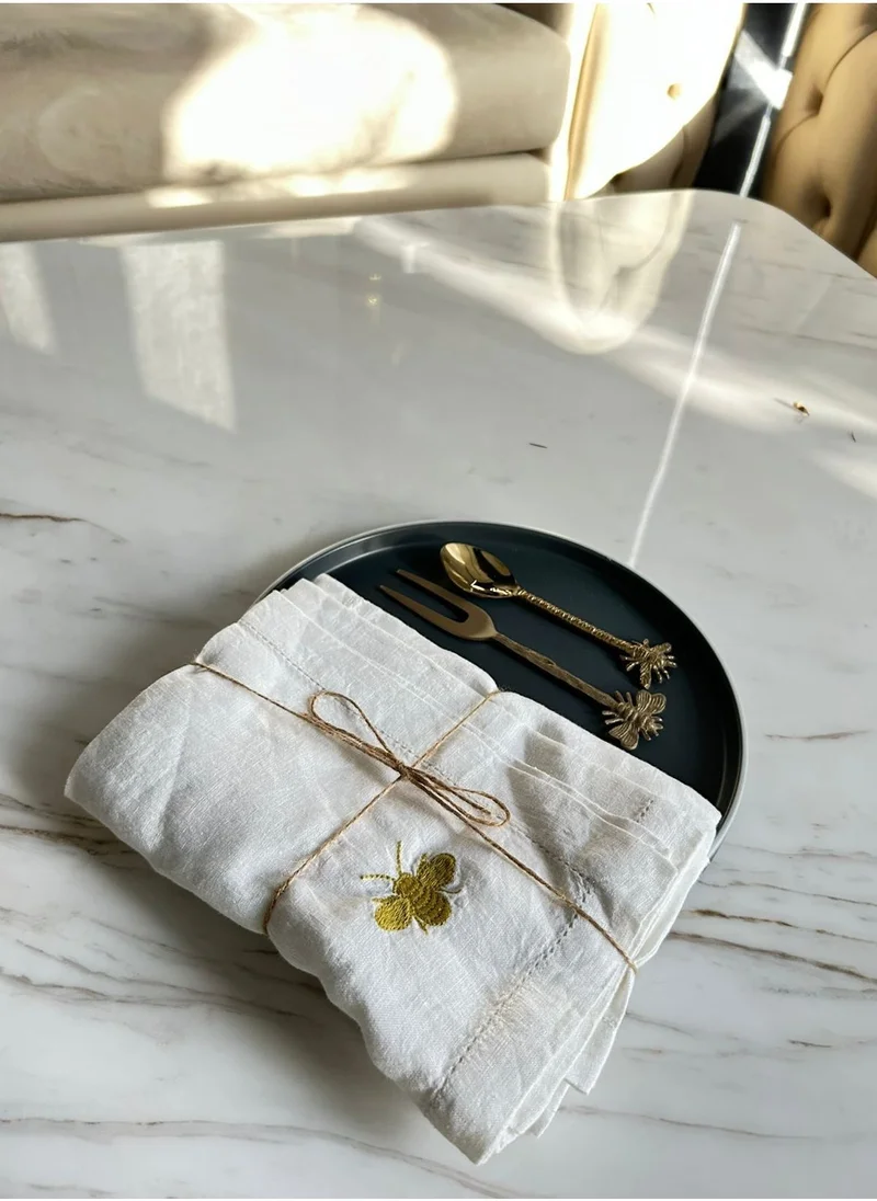 Tohfa Luxe Bee White Hemstitched Linen Napkin - Set of 4