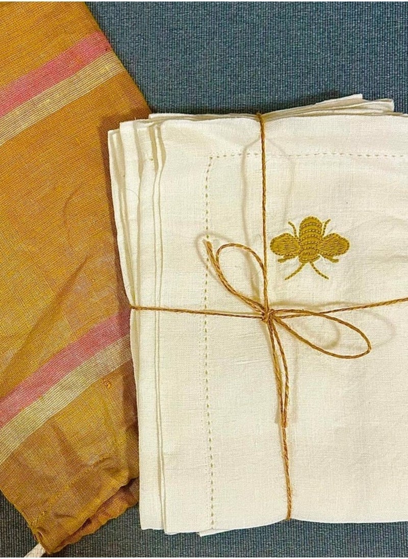Tohfa Luxe Bee White Hemstitched Linen Napkin - Set of 4  - Image 2