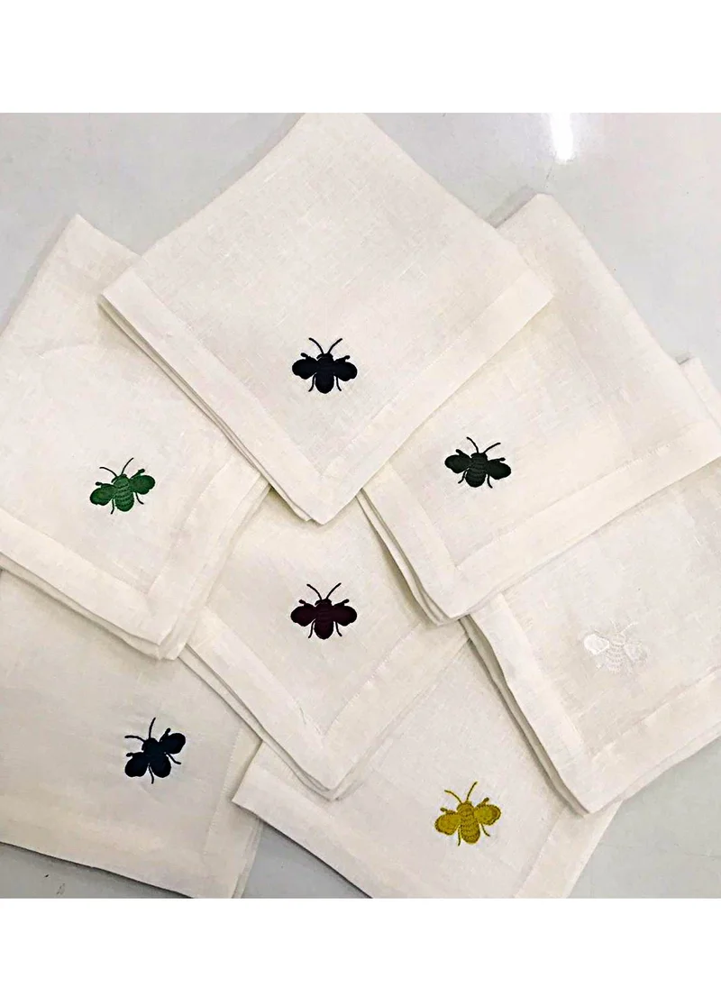 Tohfa Luxe TohfaLuxe Bee White Hemstitched Linen Napkin - Set of 4