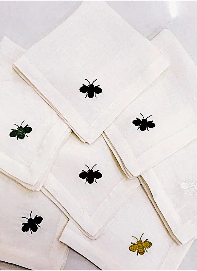 Tohfa Luxe TohfaLuxe Bee White Hemstitched Linen Napkin - Set of 4