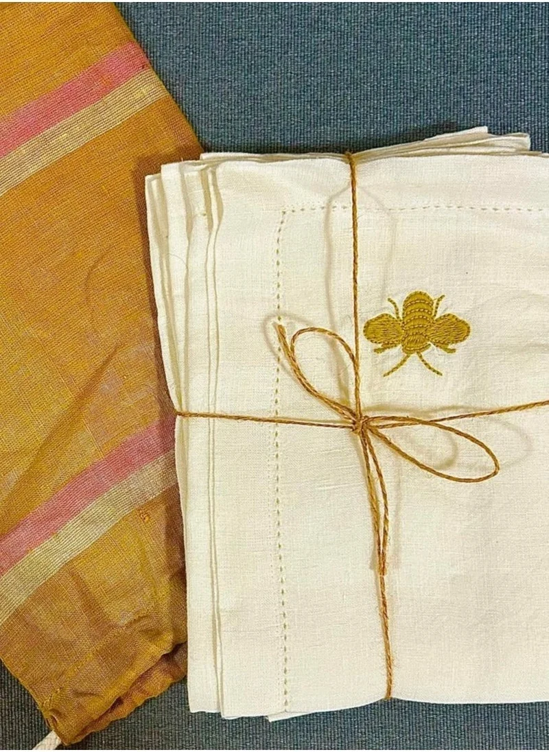 Tohfa Luxe Tohfa Luxe Bee White Hemstitched Linen Napkins – Set of 4, 100% Natural Linen, Hand-Embroidered Bee Motif, 45 x 45 cm, Fagotting Stitch, Gift-Ready in Fabric Pouch