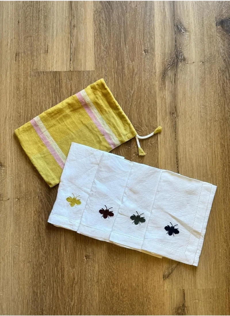 Tohfa Luxe Tohfa Luxe Bee White Hemstitched Linen Napkins – Set of 4, 100% Natural Linen, Hand-Embroidered Bee Motif, 45 x 45 cm, Fagotting Stitch, Gift-Ready in Fabric Pouch