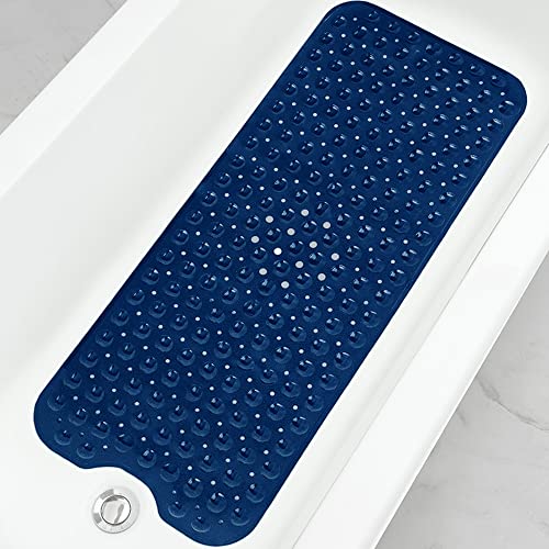 Linoows Bathtub and Shower Mats Extra Long NonSlip Bath Tub Mat 39 x 16 Inch Machine Washable Bathmat with Suction Cups Drain Holes for Bathroom Floor Navy Blue