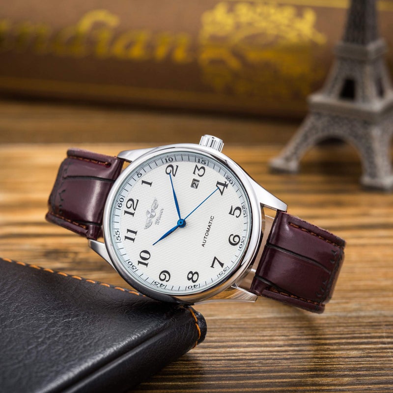 Gute Men's Watch, Mechanical Skeleton Steampunk Automatic Self-Winding Arabic Numeral Blue Hands Brown PU Leather Wrist Watch - Image 5