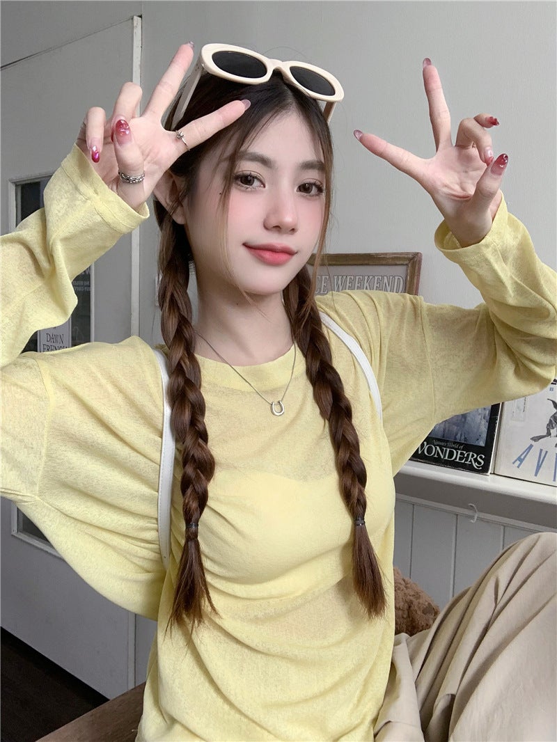 Generic [Factory Source in stock Straight Hair] Yellow Sunscreen Long-sleeved T-shirt Womens Summer Loose Thin Air-conditioning Shirt Top Yellow - Image 1