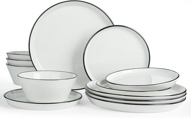 Famiware Saturn Dinnerware Sets Plates and Bowls Sets for 4 12 Pieces Stoneware Dish Set  Chip and Scratch Resistant Microwave and Dishwasher Safe Tableware Set White with Rim - Image 1