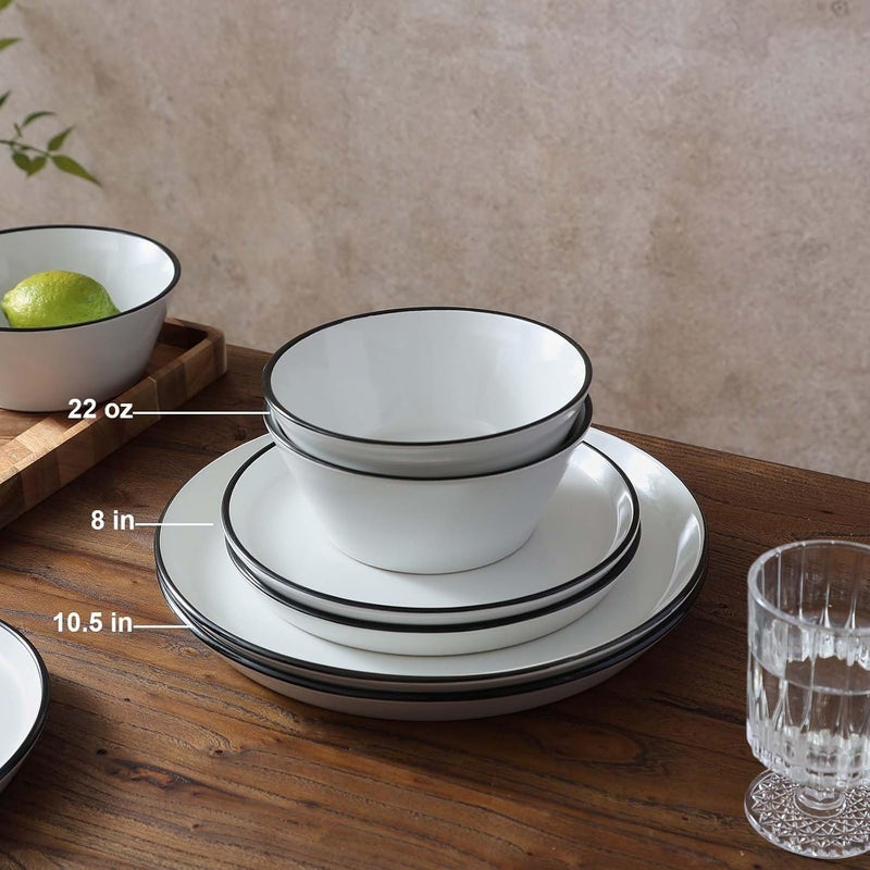 Famiware Saturn Dinnerware Sets Plates and Bowls Sets for 4 12 Pieces Stoneware Dish Set  Chip and Scratch Resistant Microwave and Dishwasher Safe Tableware Set White with Rim - Image 2