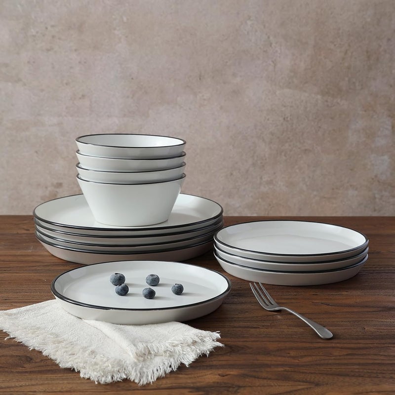 Famiware Saturn Dinnerware Sets Plates and Bowls Sets for 4 12 Pieces Stoneware Dish Set  Chip and Scratch Resistant Microwave and Dishwasher Safe Tableware Set White with Rim - Image 4