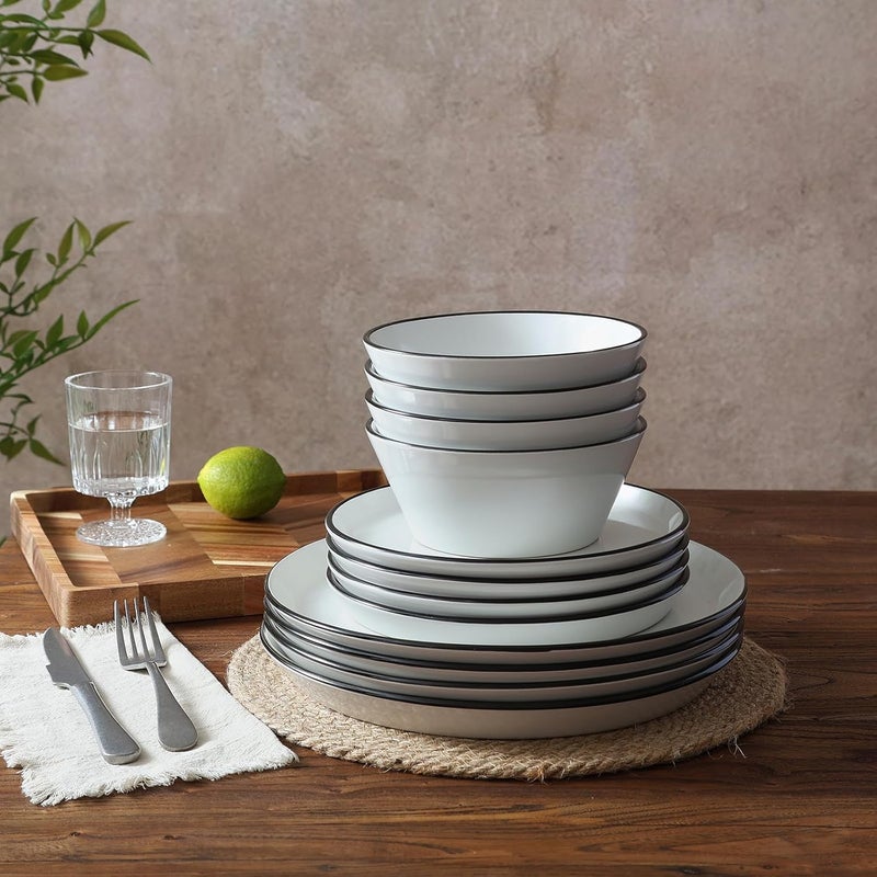 Famiware Saturn Dinnerware Sets Plates and Bowls Sets for 4 12 Pieces Stoneware Dish Set  Chip and Scratch Resistant Microwave and Dishwasher Safe Tableware Set White with Rim - Image 5