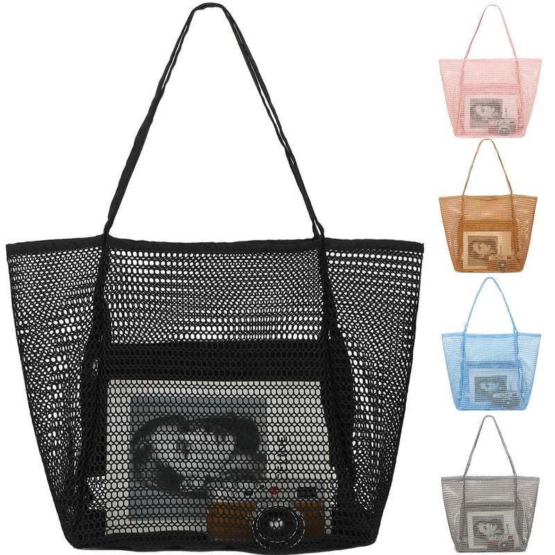 Fammart Mesh Beach Bag for Women, Casual Hobo Bags Large Beach Tote for Pool Travel Cruise Vacation Essentials, Simple Modern - Black - Image 1