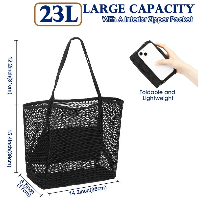 Fammart Mesh Beach Bag for Women, Casual Hobo Bags Large Beach Tote for Pool Travel Cruise Vacation Essentials, Simple Modern - Black - Image 4