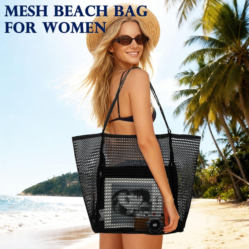 Fammart Mesh Beach Bag for Women, Casual Hobo Bags Large Beach Tote for Pool Travel Cruise Vacation Essentials, Simple Modern - Black - Image 2