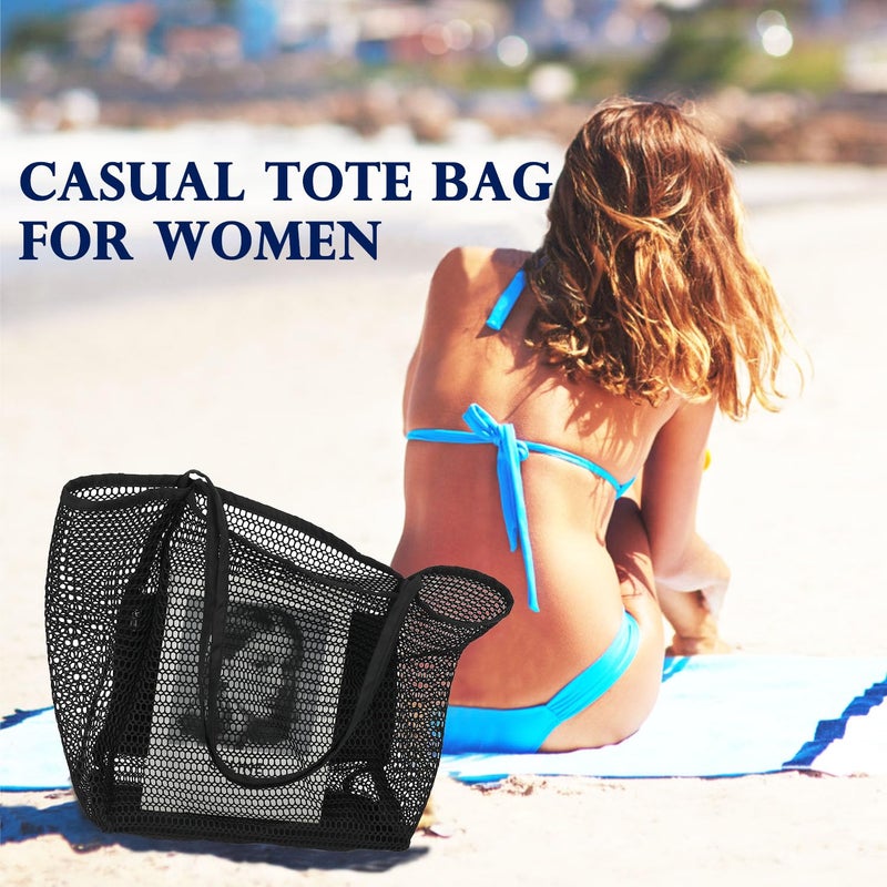 Fammart Mesh Beach Bag for Women, Casual Hobo Bags Large Beach Tote for Pool Travel Cruise Vacation Essentials, Simple Modern - Black - Image 3