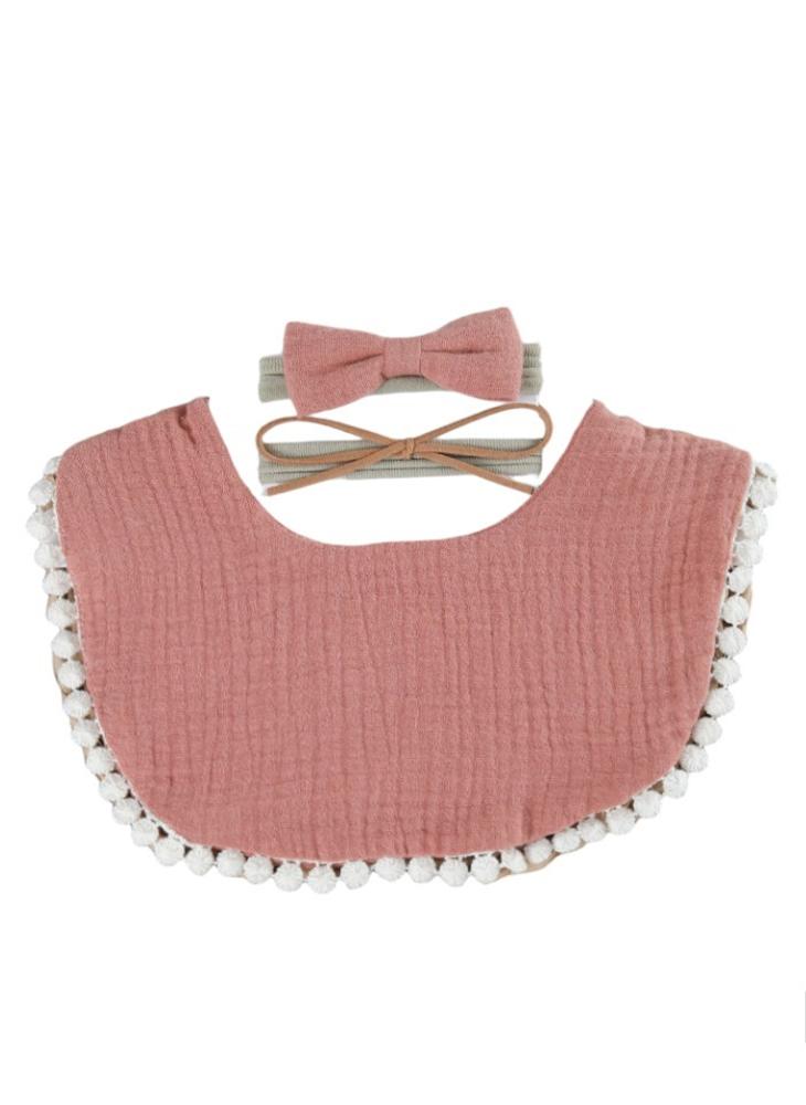 Bambimici Bambimici -Sophia  Set of Baby Bib and Ribbon Headband - Old Rose  - Image 1