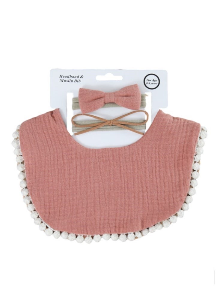 Bambimici Bambimici -Sophia  Set of Baby Bib and Ribbon Headband - Old Rose  - Image 2