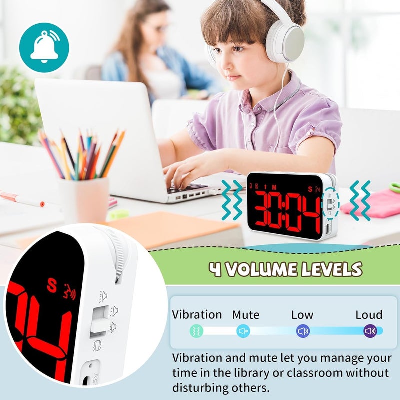 PERSUPER Digital Timer for Kids, 199min 59s Countdown/Up, Rechargeable, Magnetic, 3 Brightness Display, 3 Volume Levels and Vibration, with Sound Alert Function, for Kitchen, Classroom, Study, Fitness - Image 4