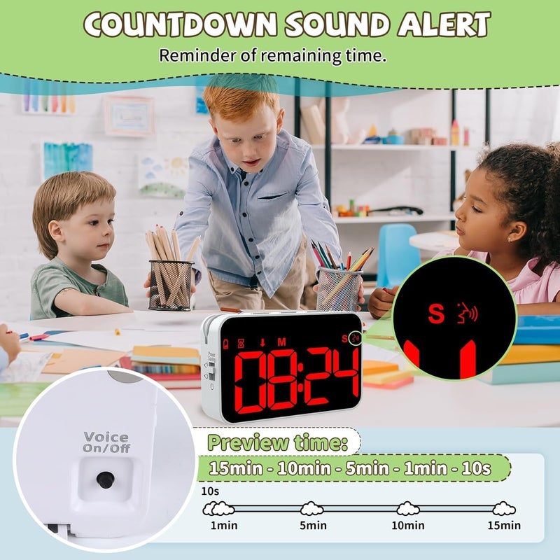 PERSUPER Digital Timer for Kids, 199min 59s Countdown/Up, Rechargeable, Magnetic, 3 Brightness Display, 3 Volume Levels and Vibration, with Sound Alert Function, for Kitchen, Classroom, Study, Fitness - Image 3