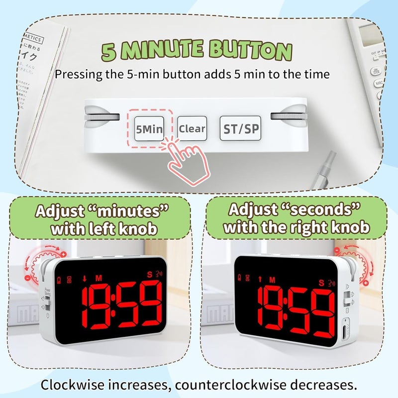 PERSUPER Digital Timer for Kids, 199min 59s Countdown/Up, Rechargeable, Magnetic, 3 Brightness Display, 3 Volume Levels and Vibration, with Sound Alert Function, for Kitchen, Classroom, Study, Fitness - Image 2