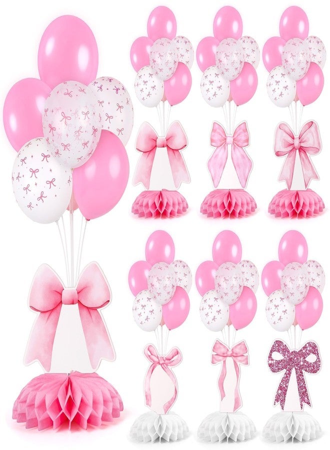 YLOLUL 6 Set Pink Bow Birthday Decoration for Table Baby Girl Shower Decorations Pink Bow Balloon Table Centerpiece with Balloons Stand Kit Honeycomb Centerpiece for Girls Birthday Wedding Party Supply - Image 1