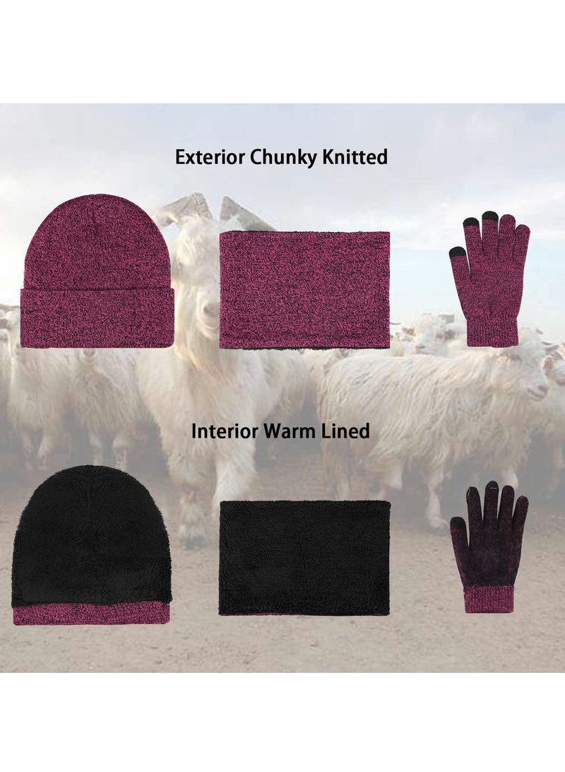 Winter Beanie Hat Scarf Touchscreen Gloves Set Rose Red - Image 2