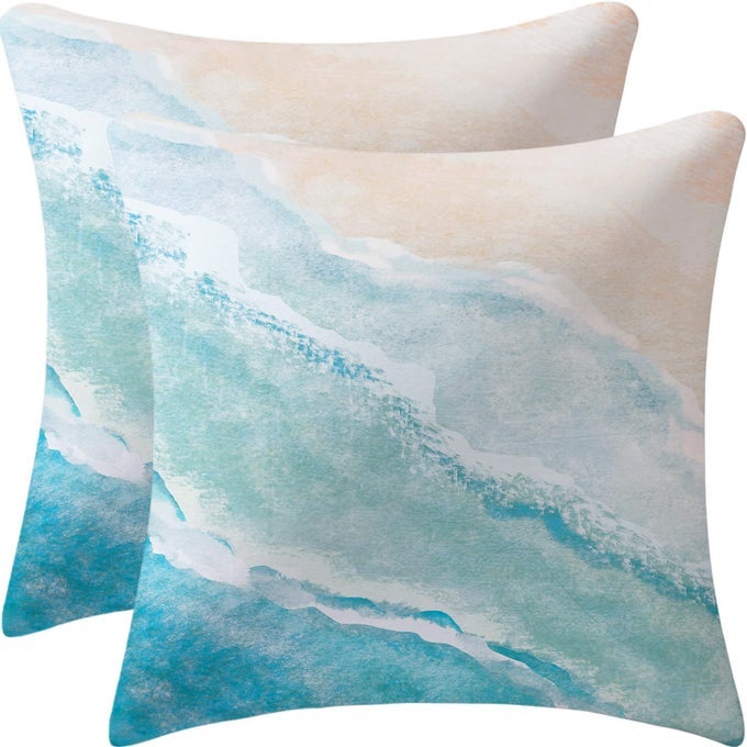 DEMEDIOCRE BEACH WATERCOLOR BLUE PILLOW COVERS SEA OCEAN NATURE SCENERY DECORATIVE THROW PILLOWS PILLOWCASE SQUARE CUSHION CASE FOR COUCH SOFA BED BEDROOM CAR LIVING ROOM 18X18 INCH BLUE