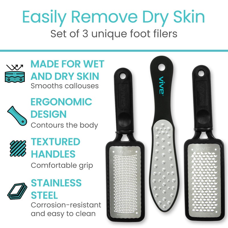 Vive Foot File (3 Pack) - Feet Scraper for Dead Skin - Heel Grater, Callus Remover Scrubber Tool, Rasp for Cracked Heels - Stainless Steel Pedicure Filer for Men & Women - Use on Wet or Dry Skin - Image 2