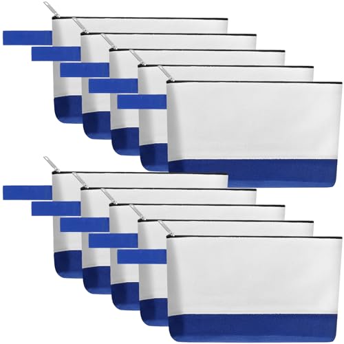 Sinzip 10 Pieces Cotton Canvas Makeup Bag with Bottom and Strap, Multi-Purpose Cosmetic Bag with Zipper Travel Toiletry Pouch, Blank DIY Craft Bag (White&Blue, S) - Image 1
