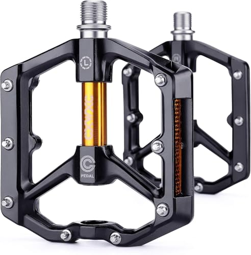 CXWXC Road/MTB Bike Pedals - Aluminum Alloy Bicycle Pedals - Mountain Bike Pedal with Removable Anti-Skid Nails (Black-Orange) - Image 1