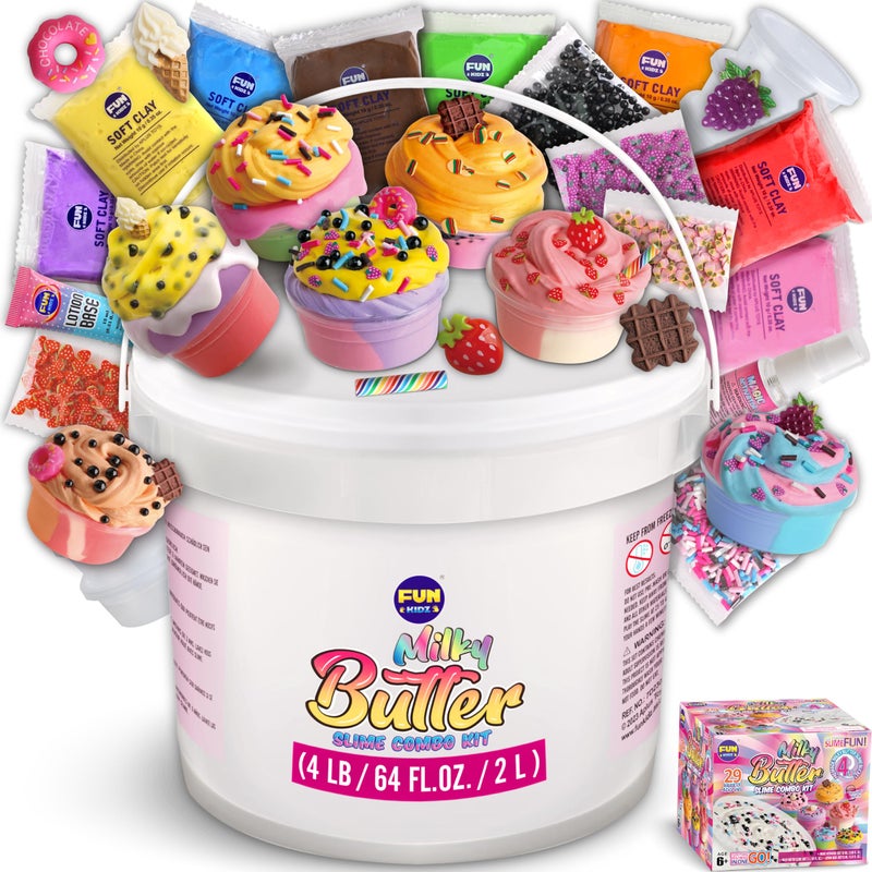FUN KIDZ 4 LB Milky Butter Slime Bucket Gift for Girls, FunKidz 64 FL OZ Huge Soft White Premade Scented Slime Kit Toy with 29 Variety Add-Ins Perfect Birthday Present for Kids Age 6+ - Image 1
