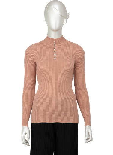 Oppland Women's Winter Stylish Stoned Half Collar Long Sleeve Fitted Lycra Knitted Knitwear Badi Sweater on the Chest  - Image 1