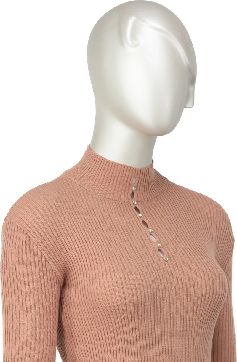 اوبلاند Women's Winter Stylish Stoned Half Collar Long Sleeve Fitted Lycra Knitted Knitwear Badi Sweater on the Chest