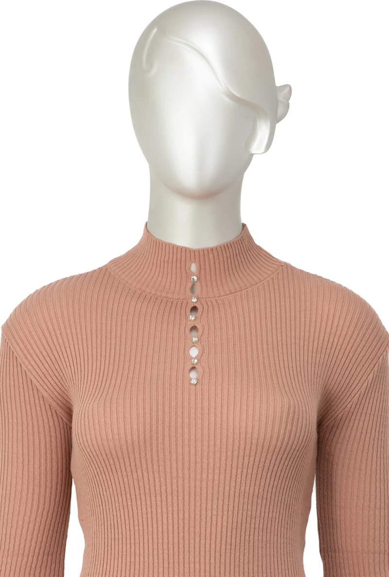 اوبلاند Women's Winter Stylish Stoned Half Collar Long Sleeve Fitted Lycra Knitted Knitwear Badi Sweater on the Chest